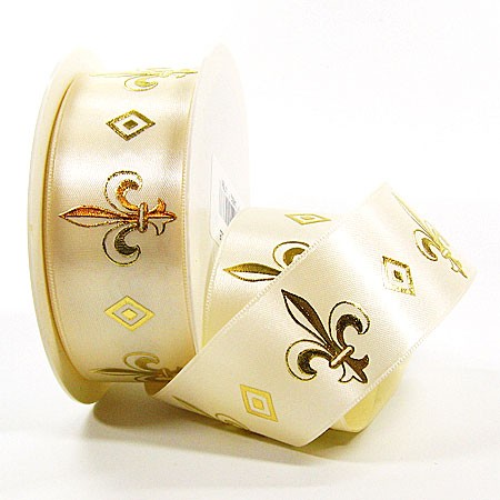 Fleur de Lys: Geschenkband aus Satin, 38mm breit / 25m-Rolle, creme-gold