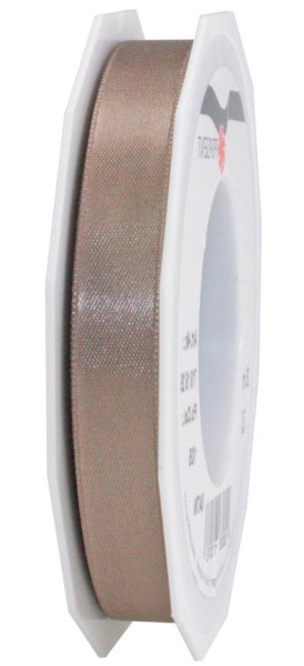 Satinband, taupe: 15mm breit / 25m-Rolle, mit feiner Webkante.