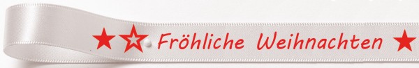 Weihnachtssatinband: 15mm breit / 25m-Rolle weiss mit roter Schrift